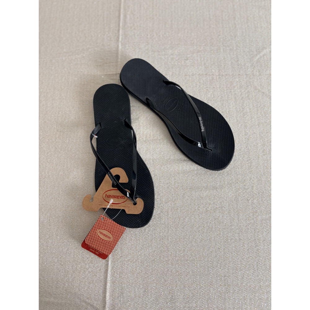 Havaianas Slim Flip Flops 11 / 12 Black New Glossy Strap Rubber Sandals Brazil